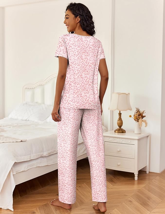 Ekouaer 2 Piece Womens Pajamas V Neck Short Sleeve Top and Long Pants Pjs Print Lounge Set Sleepwear
