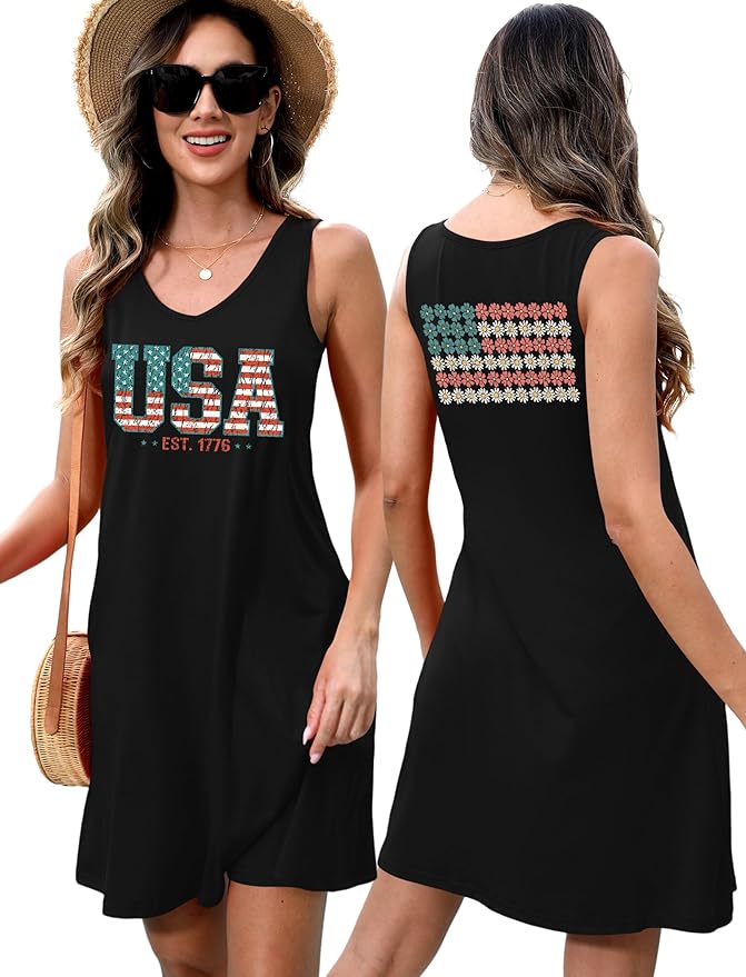 LHBNK 4th of July Dress for Women: American Flag Tank Dresses Star Striped Splicing Loose V Neck Sundresses