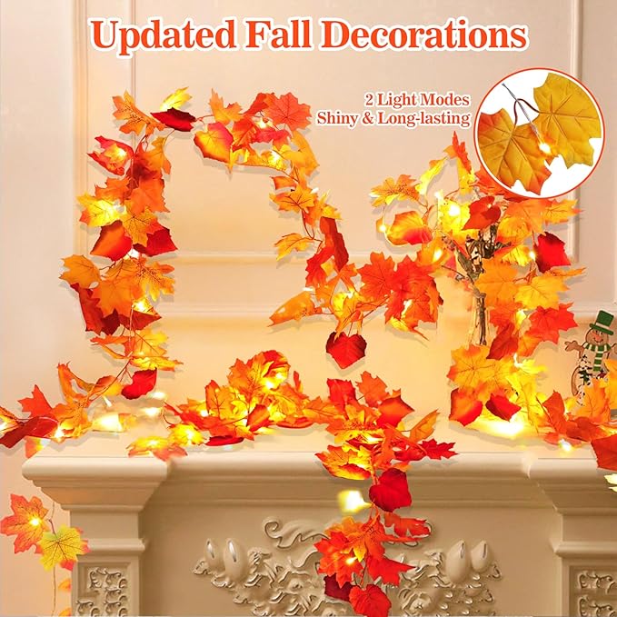 23.6Ft Thanksgiving Decorations Fall Decor for Home Lighted Fall Garland Maple Leaves Total 80 LED Fall Decorations for Home Halloween Decorations Outdoor String Lights for Autumn Decor Harvest