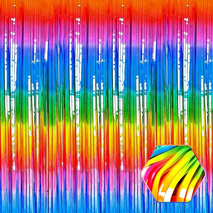 3 Pack Dark Rainbow Foil Fringe Curtain Backdrop, 3.28Ft x 6.6Ft Metallic Tinsel Foil Fringe Streamer Curtains for Photo Booth, Christmas Day, Thanksgiving, Wedding, New Year Party Decorations