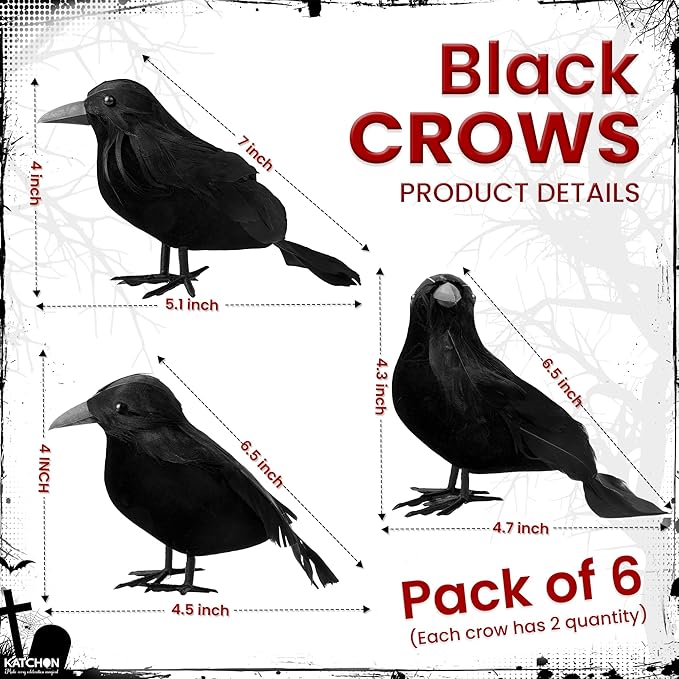 KatchOn, Black Crows with Eyes Halloween Decorations – Pack of 12 | Realistic Feathered Crows for Indoor Outdoor Halloween Decor | Scary Raven Decorations for Haunted House