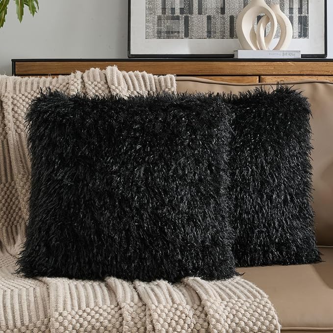 FUTEI Black Decorative Throw Pillow Covers 18x18 Inch Set of 2,Soft Cozy Faux Fine Wool Textured Cushion Case,Modern Home Luxury Decor for Couch Bed Living Room