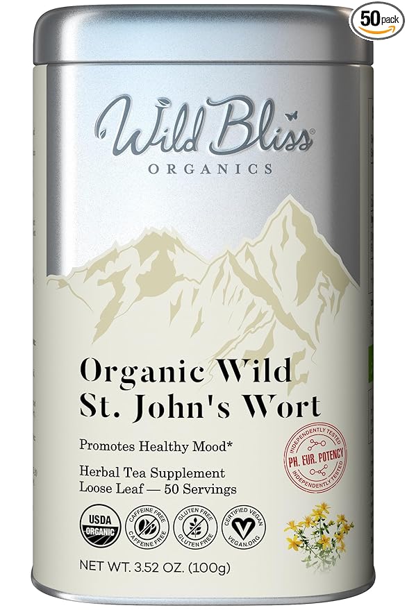 Wild Bliss Organic St Johns Wort Tea - Caffeine Free Mood Balance Support Herbal Tea - Pharmacopoeia Potency - Loose Leaf 3.52 Oz - 50 Servings