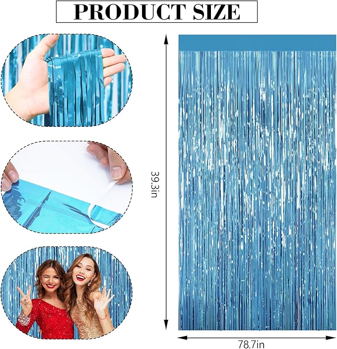 2Pack Backdrop Curtains, Sky Blue Tinsel Backdrop Photo Booth, Metallic Fringe Curtains Foil Tinsel Party Streamer for Birthday Wedding Party, Curtain Backdrop for Baby Shower Bachelorette Decorations