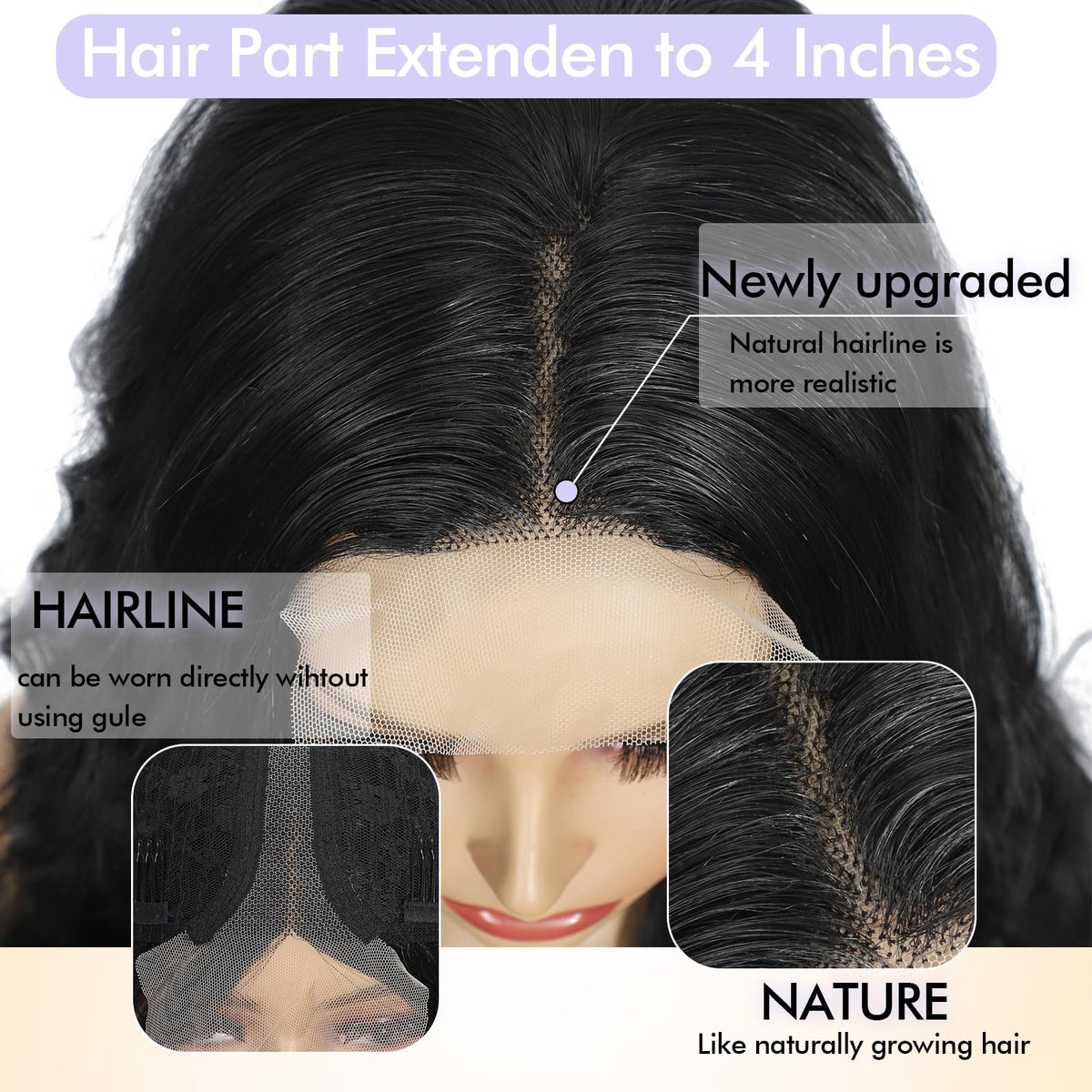 SCENTW Black Wig for Women Hand-Tied Lace Synthetic Lace Front Wig Long Wavy with 4x1 Lace Natural Hairline Middle Part Synthetic wig for Daily Party Beginners