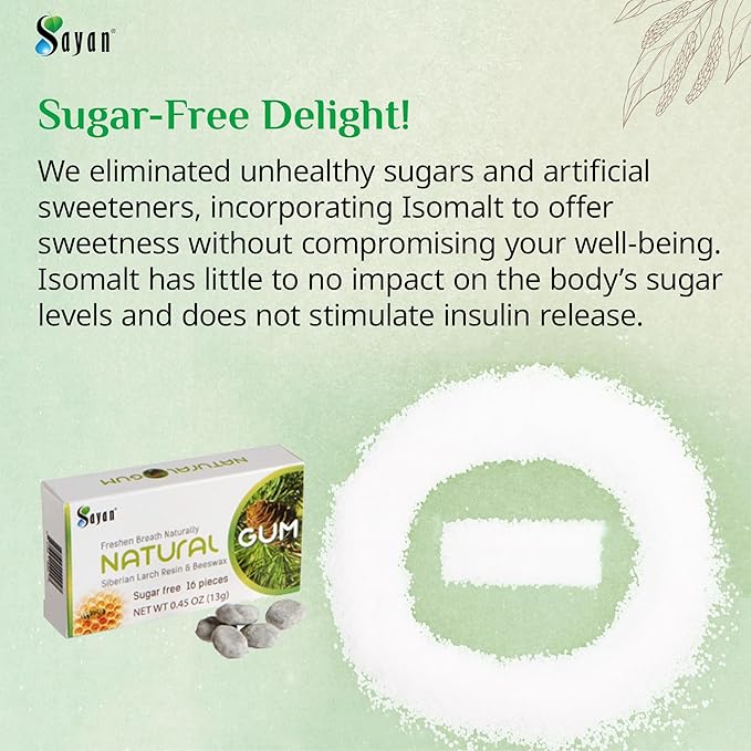 Sayan Sugar Free All Natural Gum, Siberian Larch Tree Resin and Beeswax Chewing Gum for Fresh Breath, Vegetarian, Non-GMO, No Sugar, Gluten Free, Aspartame Free, No Preservatives - 5 Packs (80 Pieces)