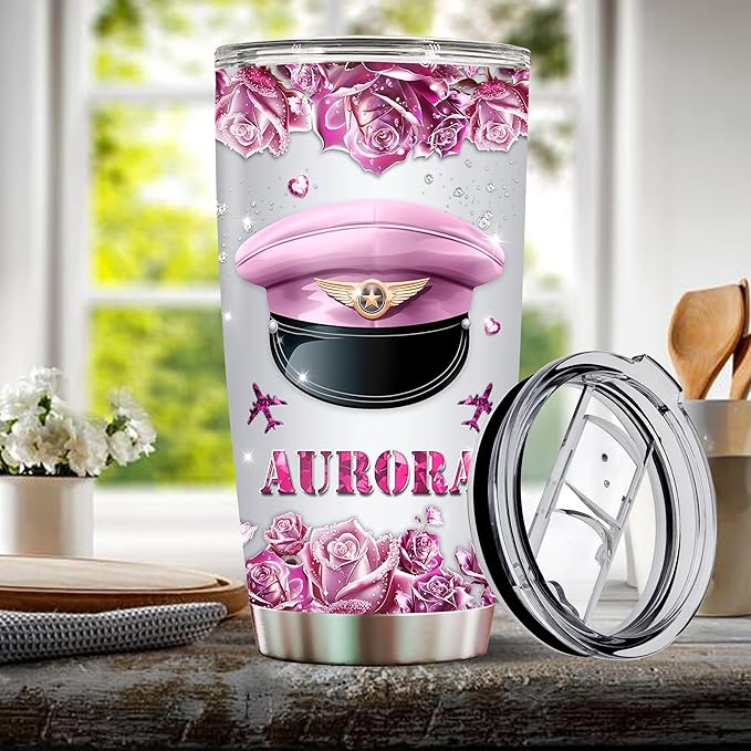 Personalized Pilot Gifts For Women 20oz Insulated Stainless Steel Coffee Mug Travel Cup Water Bottle Tumbler With Lid Gift For Wife Daughter Mom Christmas Birthday Mothers Day Valentine