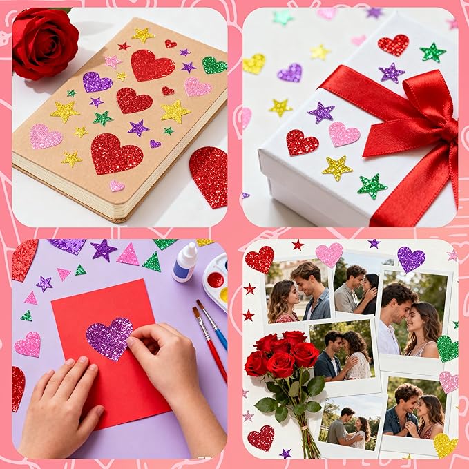 Stickers for Kids - 280 PCS Glitter Foam Reward Stickers for Kids Classroom | Self Adhesive Stars Mini Heart Shapes Glitter Stickers for Teachers Students - Arts Craft Scrapbook Supplies Party Favors