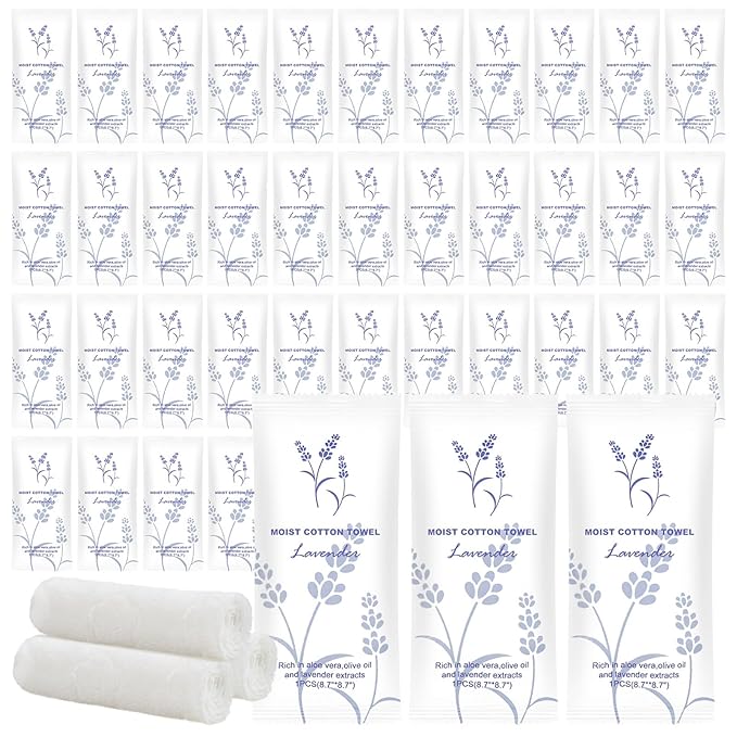 Moist Cotton Towel Bulk Moist Towelettes Individually Wrapped,White Towel Services,Refreshment Pre Moistened Towels for Dentist Travel Sport Party Hotel 200,Lavender