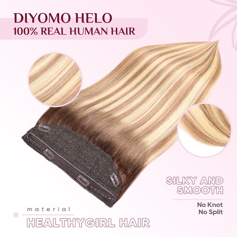 Halo Hair Extensions - Dark Brown to Gold Blonde and Bleach Blonde Adjustable Size Removable Secure，Halo Extensions Real Human Hair, 3/8/22 70g 14Inch