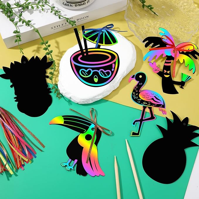 JULMELON 36 PCS Luau Crafts for Kids, Rainbow Scratch Art for Kids Luau Party Favors DIY Magic Color Tropical Hawaiian Scratch Cards for Summer Hawaiian Party Favors School Activities Luau Games