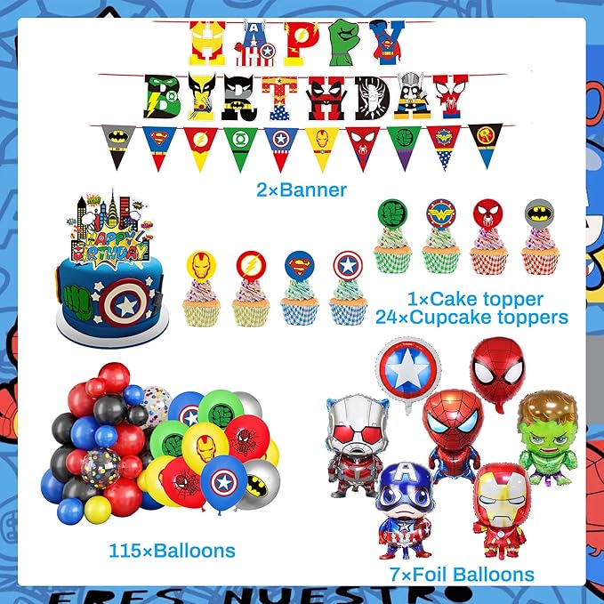 Cartoon Themed Birthday Party Decorations Set, Hero Themed Party Favors, Party Supplies Set Include Banner, Foil Balloons,Printed Balloons