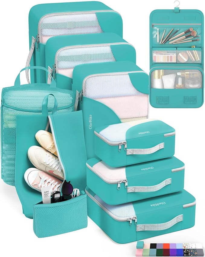 10 Set Packing Cubes for Travel, Gifts for Women Mom,Anti-Tearing Suitcase Organizer for Luggage with Shoe & Hanging Toiletry Bag,OlarHike Vacation Essentials & Accessories for Cruise Ship