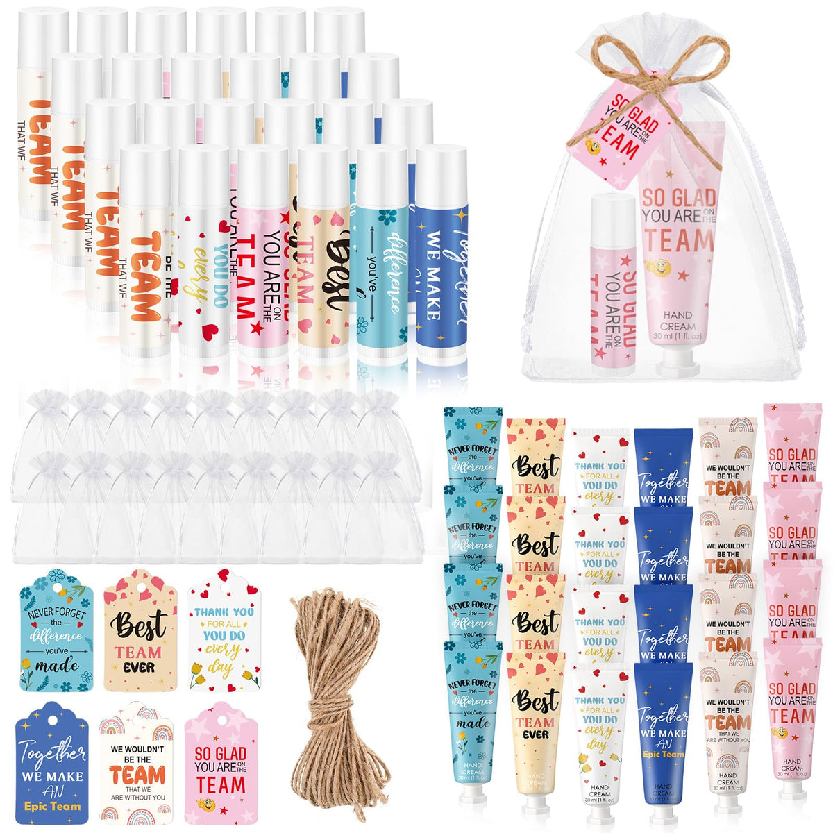 Dansib 24set/96pcs Best Team Ever Gifts Team Appreciation Thank You Gifts for Coworkers Women Employee Appreciation Gift Party Favors Basket Stuffers Items Travel Hand Lotion and Lip Balm Set
