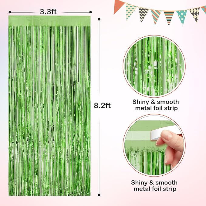 Light Green Metallic Tinsel Foil Fringe Curtains, 2 Pack 3.3x8.3 Feet Party Streamer for Birthday Party Decorations, Halloween Decor, Foil Curtain for Christmas Party
