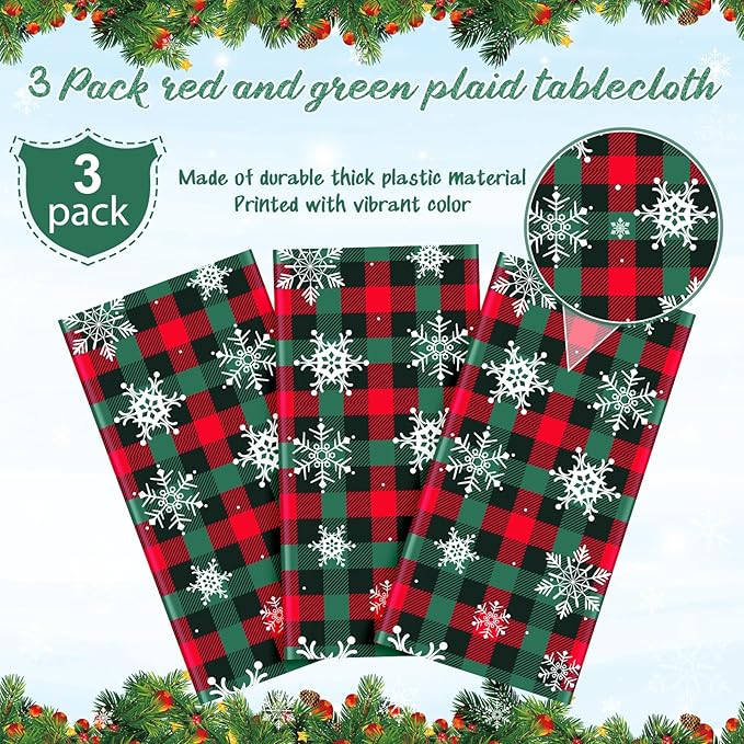 3Pcs Christmas Buffalo Plaid Snowflake Party Tablecloths Decorations,Plastic Red and Green Checkered Rectangle Table Cover for Winter Christmas New Year Birthday Holiday Party Decorations,54x108 inch