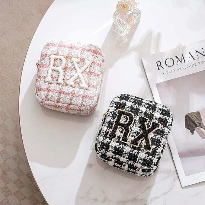 uekeboag Personalized Small Checkered Medicine Cosmetic Bag, Cute Plaid Pattern Chenille Letter Patch RX Drug Pouch with Zipper, Makeup Travel Gift Bag for Women and Girls (08 Pink Checkered)