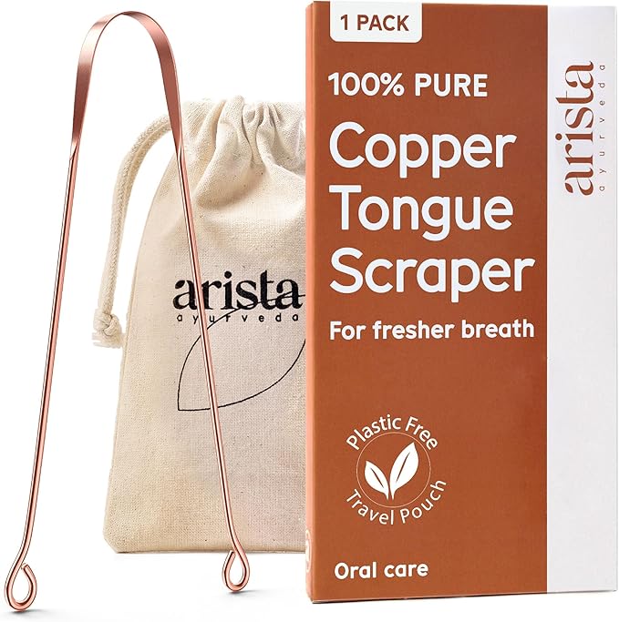 Arista Copper Tongue Scraper for Adults & Kids – 100% Pure Copper Tongue Cleaner – Extreme Bad Breath Treatment for Adults, Oral Detox & Hygiene – 1 Pack with Travel Pouch