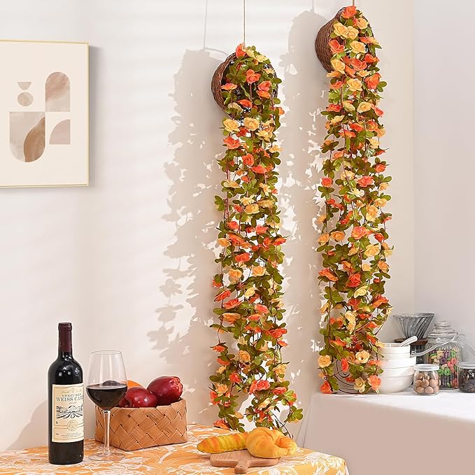 MARTINE MALL Flower Vines, 5 Strands 41Ft Rose Vines for Bedroom, Champagne and Orange Floral Garland for Room Birthday Wedding Party Garden Wall Decor
