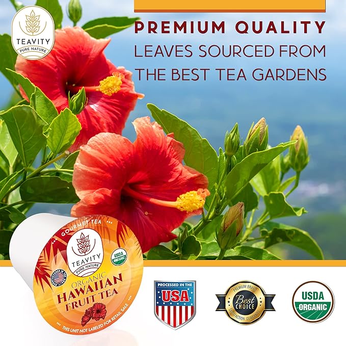 Teavity Organic Hibiscus Tea Pods with Peach, Mango, & Passionfruit - Naturally Decaf Hawaiian Fruit Tea (36 Pods)