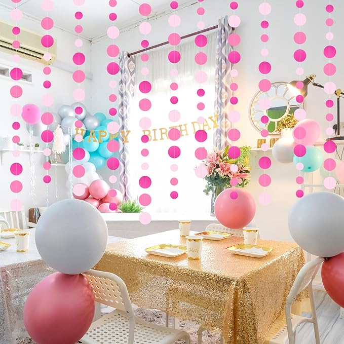 5 Pcs Hot Pink Garland Glitter Pink Circle Dots Garland, PLULON 65 Ft Hanging Paper Polka Dot Streamer Backdrop Banner for Pink Party Decor Birthday Baby Shower Wedding Classroom Stitch Party Supplies