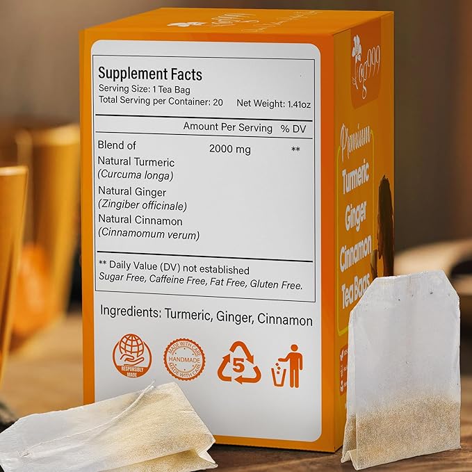 TOG999, 10 Turmeric, Ginger, Cinnamon Tea Bags, 100% Natural, Hand-made Blend of Turmeric, Ginger, and Cinnamon. Eco-conscious Tea Bags. No Sugar, No Caffeine, No Gluten, Vegan.