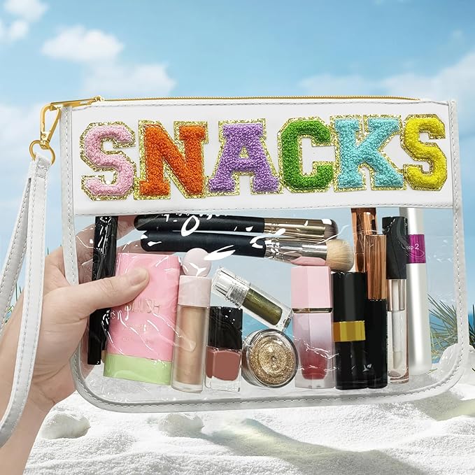 Chenille Letter Clear Travel Zipper Pouch Nylon Makeup Bag, Preppy Makeup Bag Clear Cosmetic Toiletry Bag, Water-proof Makeup Travel Pouch Snack Bags for Women (White-Snacks)