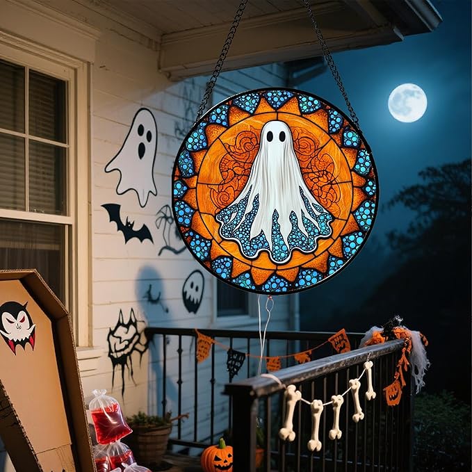 Stained Glass Window Hanging - Halloween Decorations White Ghost Suncatcher for Doors Garden Indoor Spooky Funny Blue Sun Catchers Gothic Decor Horror Gifts for Women Men Friend 15 in