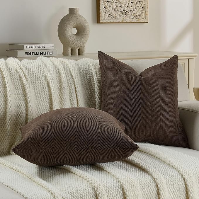 FUTEI Dark Coffee Chenille Throw Pillow Covers 12x20 Inch Set of 2,Soft Wide Chevron Textured Lumbar Pillow Cases,Farmhouse Home Decor for Couch Bed Living Room