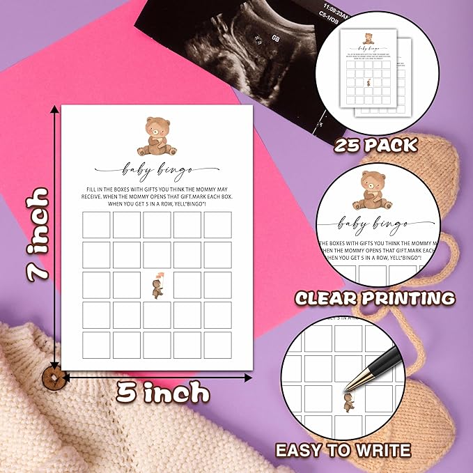 Baby Bingo Games Set, Minimalism Baby Shower Party Game Card, Boho Bear Themed Gender Neutral Party Ideas Activities, Baby Shower Party Supplies & Decorations -A05