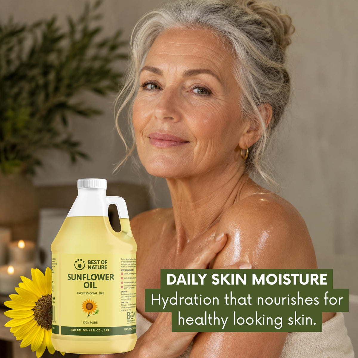 Best of Nature 100% Pure Sunflower Massage Oil, Lightweight Deep Moisturizing Unscented Oil for Skin, Body & Massage, Nourishing Hydration for Hair & Face, Half Gallon (64 fl oz)