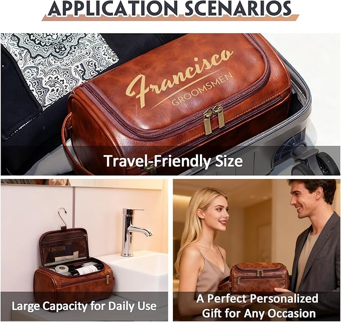 HDSD Personalized Toiletry Bag for Men,Engraved Name/Logo for Husband, Boyfriend, Dad, Wedding, Anniversary, Gift (Reddish Brown)