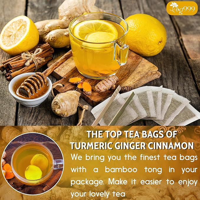 200 Bags Premium Turmeric Ginger Cinnamon Tea, Improve Digestion, Support Brain, Weight, Skin and Sleep, Eco-Conscious Tea Bags and Premium Natural Ingredients. Turmeric Ginger Herbal Tea. No Sugar, No Caffeine, No Gluten, Vegan.