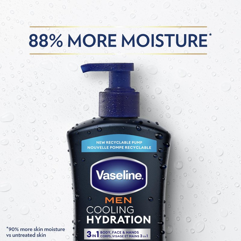 Vaseline Men Cooling Hydration 3-in-1 4 Pack for Dry Skin Face, Hands & Body Lotion for Men with Menthol & Ultra-Hydrating Lipids 20.3 oz
