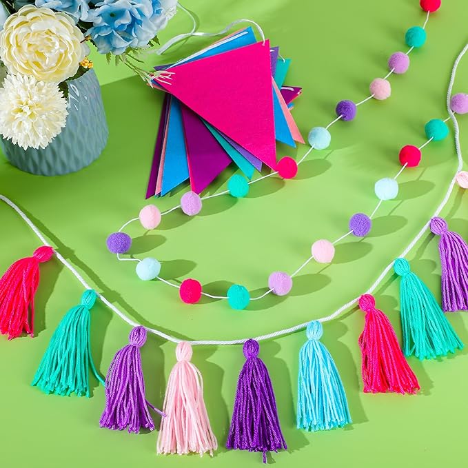 Irenare 9.8ft Pom Pom Garland Felt Rainbow Garland Graduation Party Decoration Colorful Pennant Tassel Banner Birthday Baby Shower Triangle Banner for Classroom School Mantel Fireplace(Mermaid Colors)