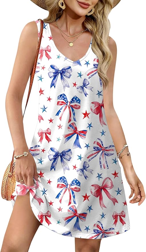 LHBNK 4th of July Dress for Women: American Flag Tank Dresses Star Striped Splicing Loose V Neck Sundresses