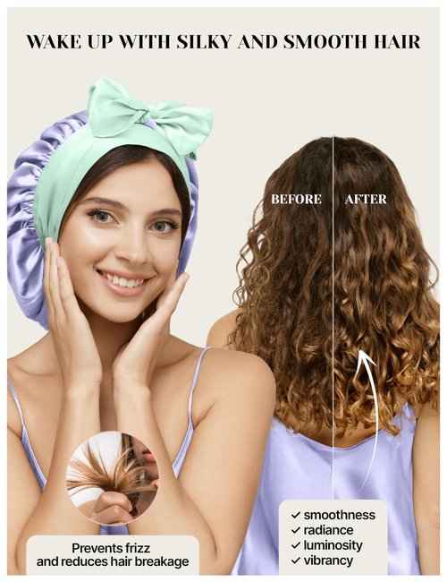 100% Mulberry Silk Bonnet for Curly Hair - Double Layer Silk Hair Wrap – Non-Slip Silk Turban Gift Idea - Reversible Hair Silk Bonnet for Sleeping Women - Silk Cap for Sleeping - Wonder Loop - 2 Pack