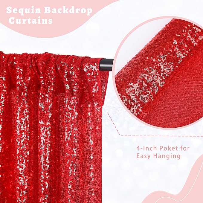 B-COOL Red Sequin Backdrop Curtains 2 Packs 3.3ftx8ft Wedding Sparkle Backdrop Fabric Glitter Background Drapes for Party Ceremony Birthday Decoration
