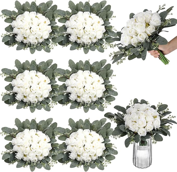 Zeyune 12 Bunches Wedding Bridesmaids Bouquets 144 Heads 7 Inch Artificial Rose Bouquets Silk Fake Flower Bulk with Stems for Valentine's Day Wedding Bridal Shower Home Party Decor(White)