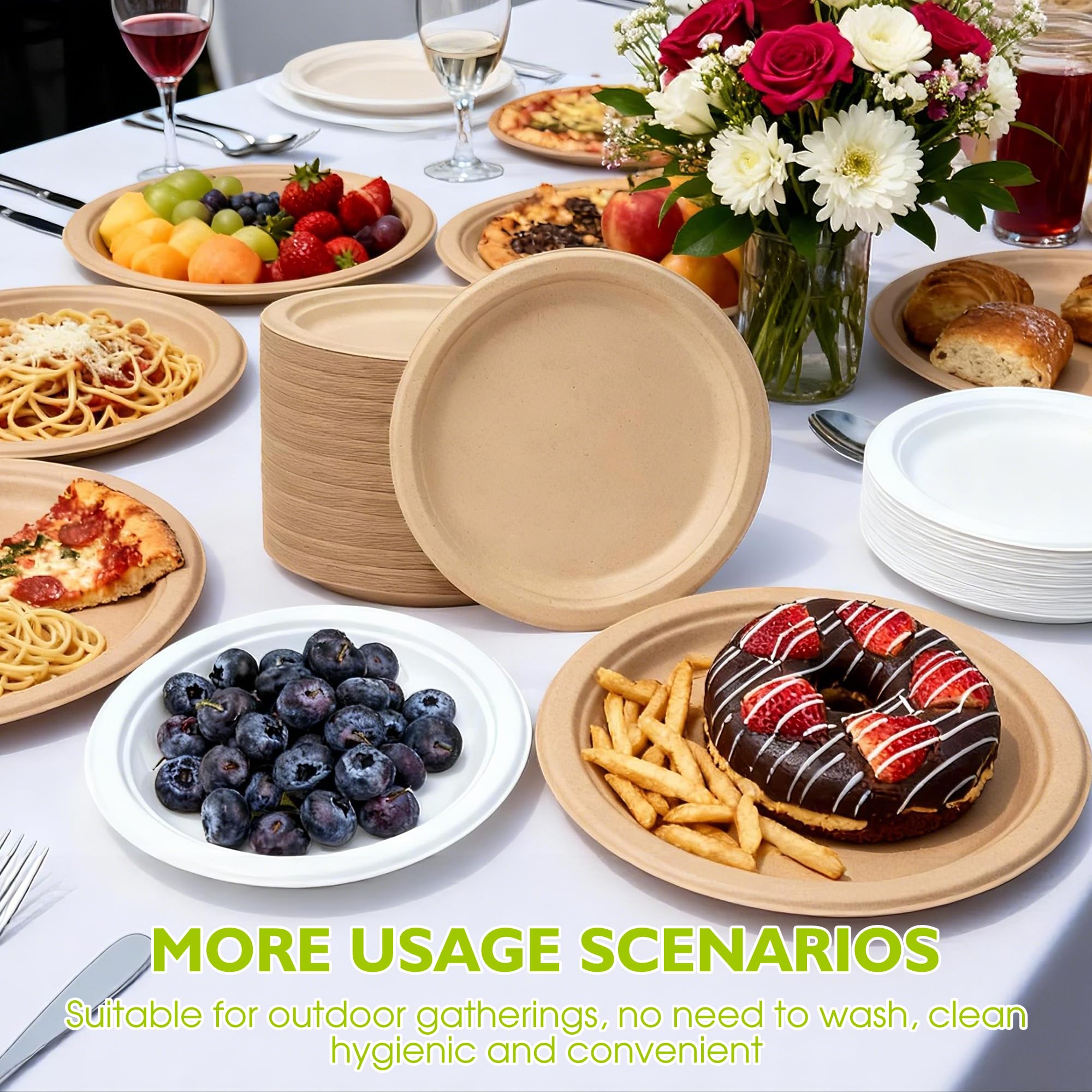 PACKINNO 9 Inch 500 Pack Compostable Paper Plates Round Unbleached Brown Plates Made from Natural Sugarcane Fibers, Biodegradable Heavy Duty Disposable Plates for Party, Camping, Picnic