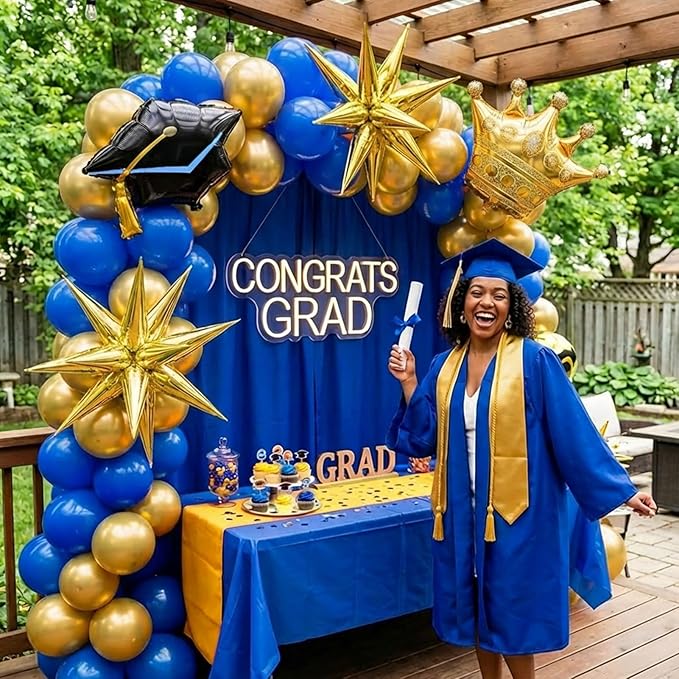 Royal Blue and Gold Graduation Balloon Garland Arch Kit 105 PCS with foil star crown graduation cap balloons for School students graduate class of 2025 Prom Party Decorations (Royal Blue Gold)