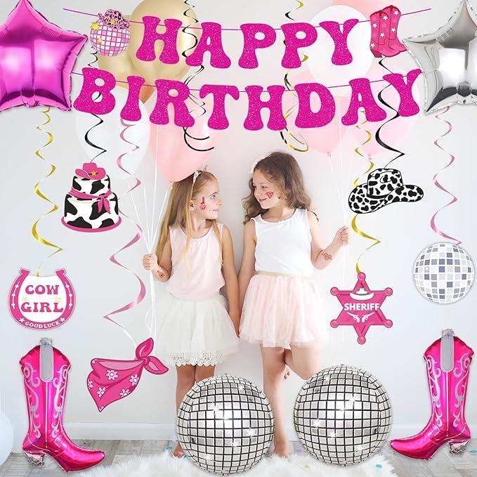 34pcs Disco Cowgirl Birthday Party Decorations, Western Cowgirl Party Decorations Hot Pink Happy Birthday Banner Disco Cowgirl Balloon Last Rodeo Bachelorette Party Decor Supplies for Women Girls