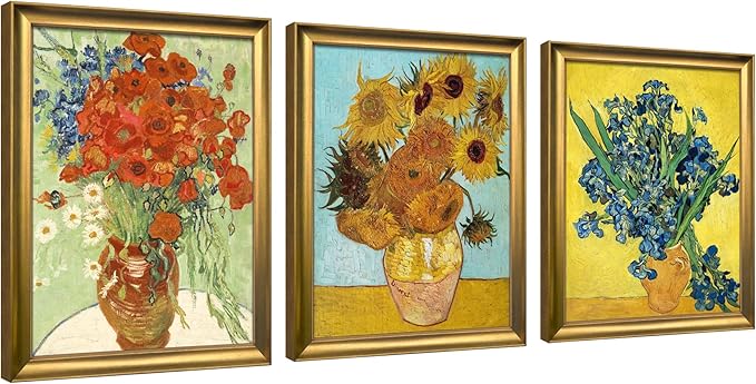 Wieco Art Framed 3 Panels Wall Art of Vincent Van Gogh Paintings Red Poppies and Daisies Sunflower Irises in Vase Canvas Prints for Wall and Home Decorations Bronze Gold Frame