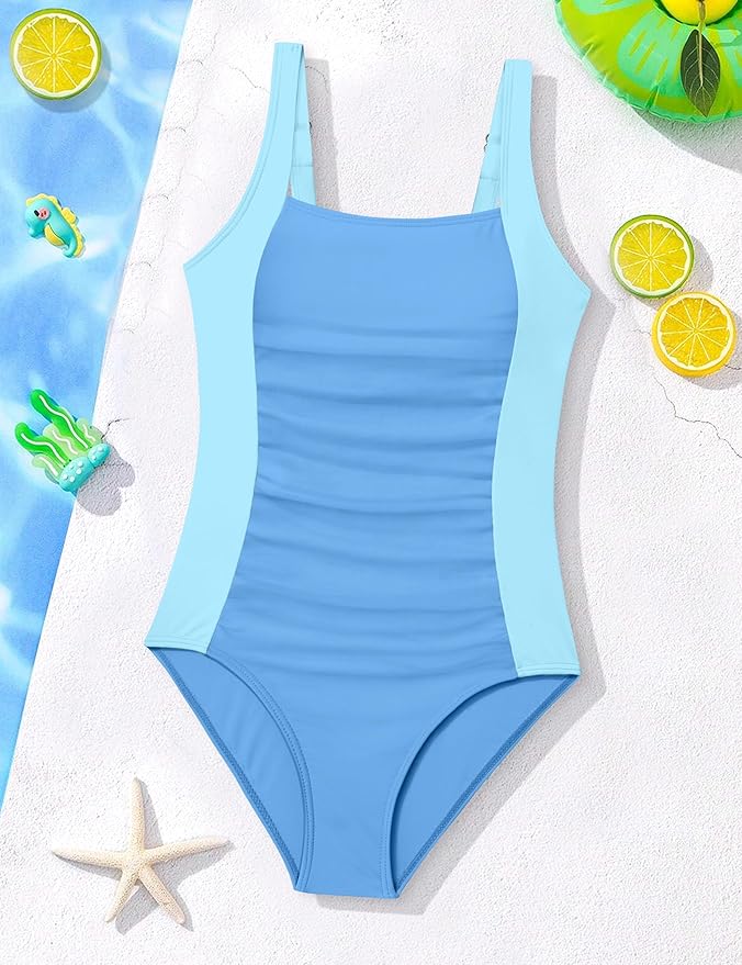 Girl Swimsuit One Piece Bathing Suit for Girls Solid Color Ruched Adjustable Straps Padded Swimwear 9-16y