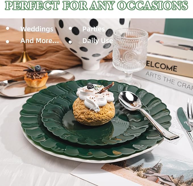 Lullaby 60PCS Green Scalloped Plastic Plates, Disposable Elegant Party Plates Include 30pcs Dinner Plate 10.25", 30pcs Plastic Dessert Plate 7.5", Perfect for Wedding and Party