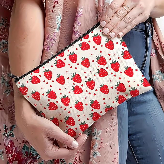 GRITOSE Cute Makeup Bag Strawberry Cosmetic Bag Summer Workday Toiletry Bags Accessories for Women Girls Friends Sisters Coworkers,Aesthetic Makeup Pouch with Zipper