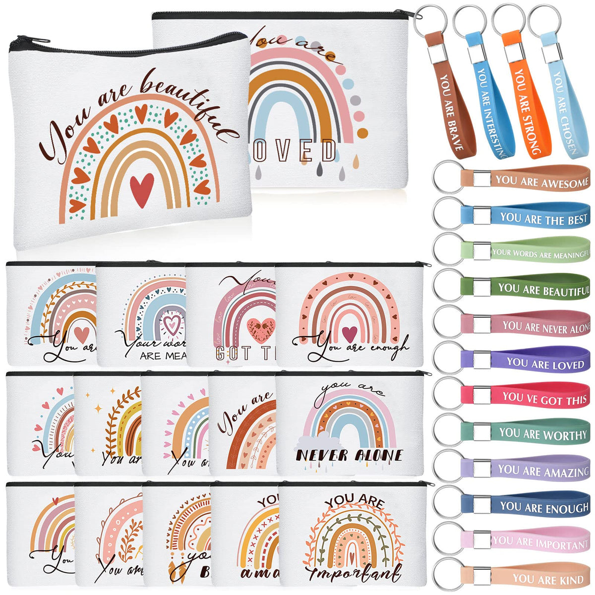 Hillban 32 Pcs Back to School Canvas Cosmetic Makeup Bag Bulk for Women Inspirational Gifts for Teacher Pencil Pouch Travel Toiletry Makeup Bag with Keychain for Mom Appreciation Gift(Rainbow)