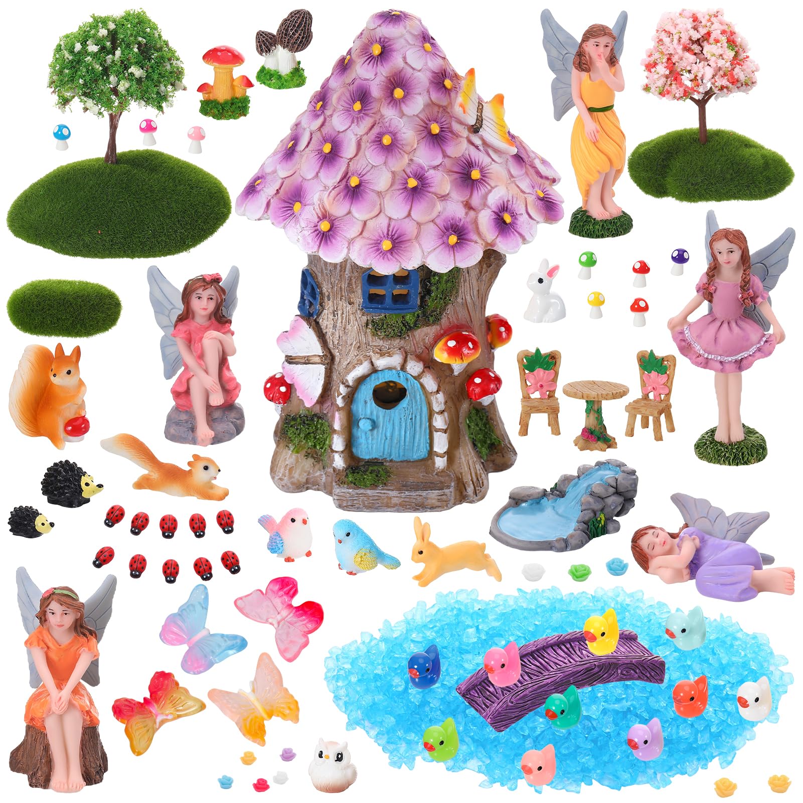 GGSTDDUP 70 Pcs Fairy Garden House Resin Kit Glowing Tree House Miniature Garden Fairy Animals Garden Accessories Decor Outdoor Mini Landscape Ornaments
