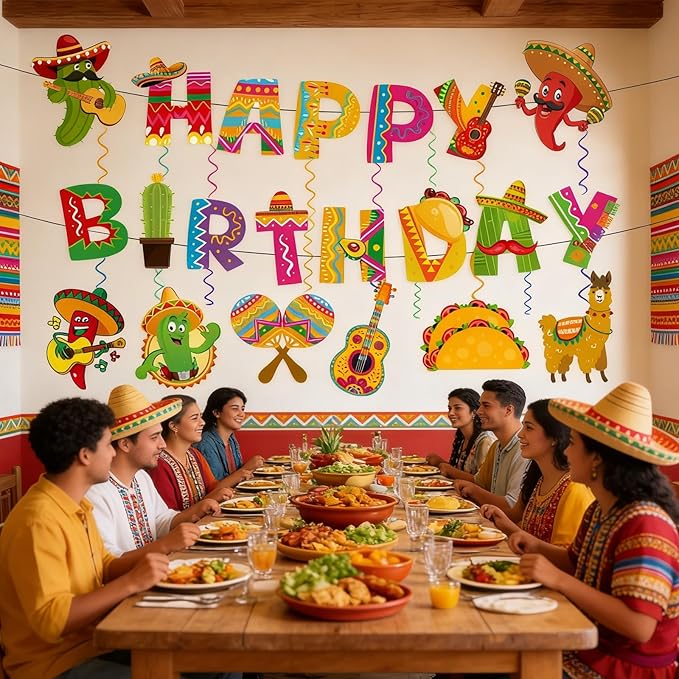 Mexican Fiesta Birthday Decorations, Colorful Mexican Banner Cinco De Mayo Garlands Hanging Swirls Decor for Mexico Carnival Taco Birthday Party Supplies (Fiesta)