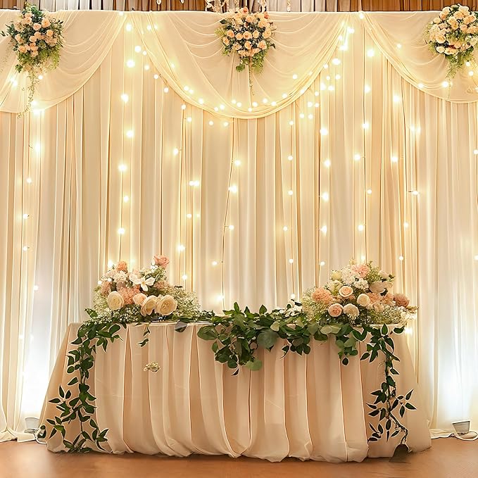 20 x 10ft Champagne Backdrop Curtains with Lights String for Wedding Polyester Photo Backdrop Drapes Wrinkle Free Soft Long Curtains for Birthday Parties Reception Baby Shower Ceremony-5 x 10ft 4Panel